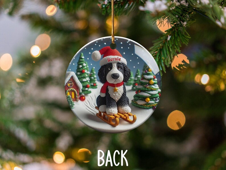 Bernedoodle Ornament, Festive Dog Sled - Snow Globe Style (3 Inch Ceramic, Sublimation) immagine 4