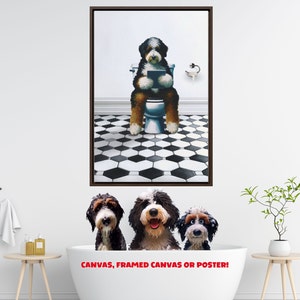 May include: A framed wall art print featuring a black, white, and brown dog sitting on a white toilet in a bathroom with a black and white hexagonal tiled floor. Below the print, three dogs are visible inside a white bathtub with red text.