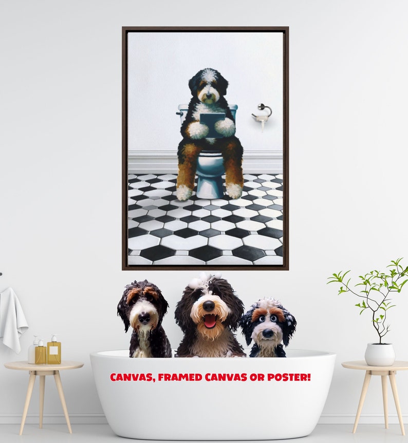 May include: A framed wall art print featuring a black, white, and brown dog sitting on a white toilet in a bathroom with a black and white hexagonal tiled floor. Below the print, three dogs are visible inside a white bathtub with red text.