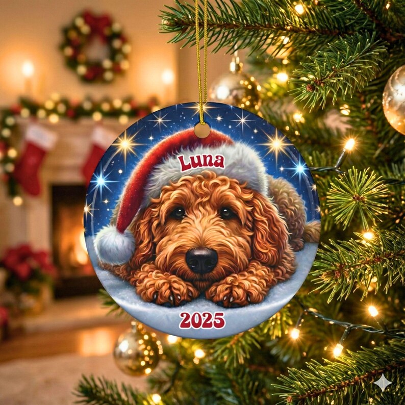 A ceramic ornament of a goldendoodle dog wearing a Santa hat, personalized with the dog's name and the year.  Gorgeously placed in a warm background with candles and Christmas lights.