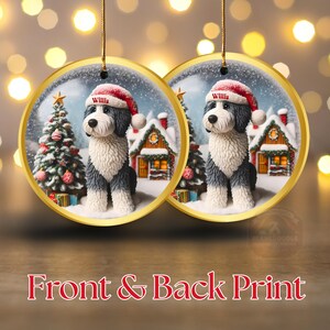May include: Two circular Christmas decorations with a gold edge. Each shows a dog wearing a Santa hat with the name "Willis". The background depicts a snowy scene with a Christmas tree and a house. The text "Front & Back Print" is at the bottom.