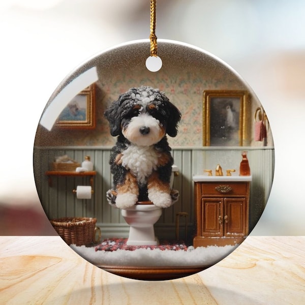 Funny Dog Toilet, Ceramic Ornament | Sublimation | Bathroom Humor Decor, Double Sided