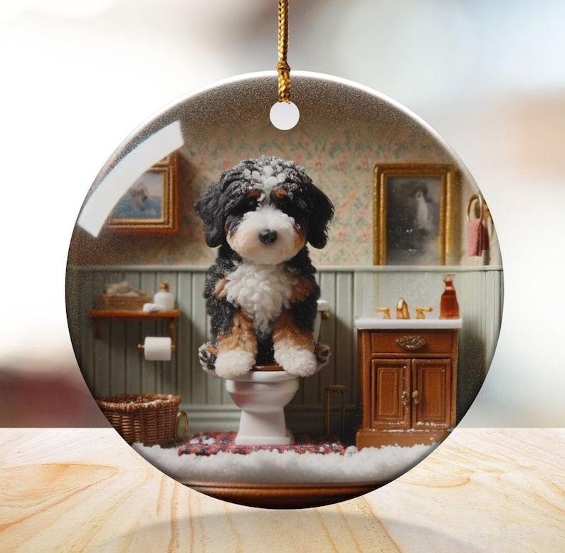 Funny Dog Toilet, Ceramic Ornament | Sublimation | Bathroom Humor Decor, Double Sided image 1