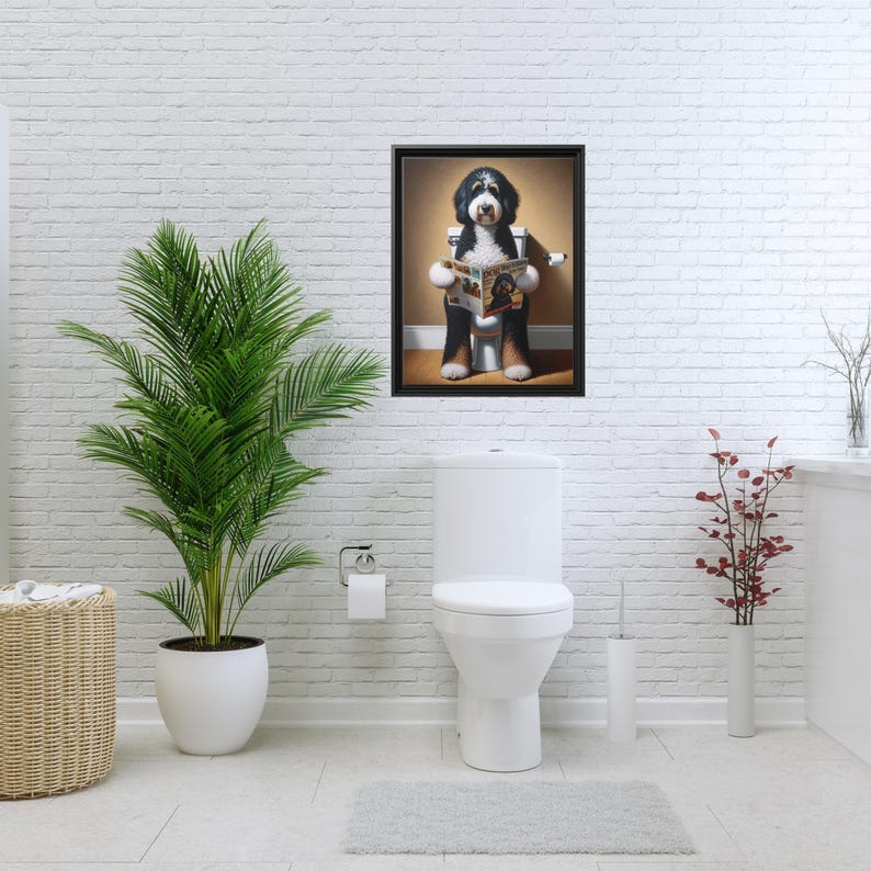 Framed Bernedoodle Toilet Portrait - Dog Reading Magazine, Bathroom Wall Art image 1