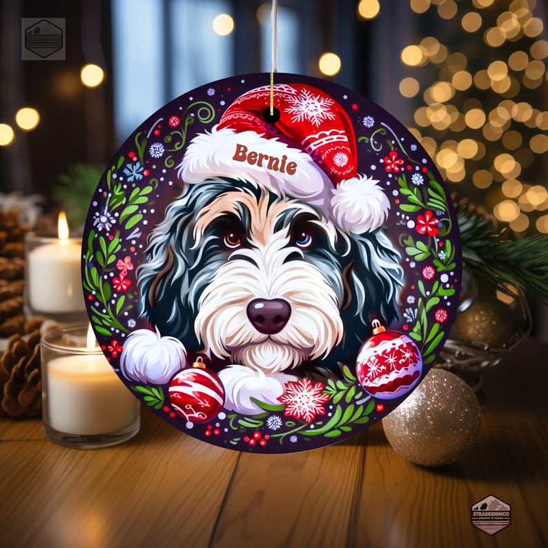 Merle Bernedoodle ceramic ornament with one blue eye and one brown eye!