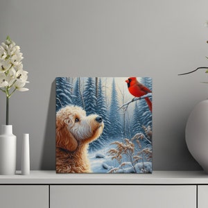 Cuadro decorativo sobre lienzo con escena invernal del cardenal Bernedoodle imagen 3