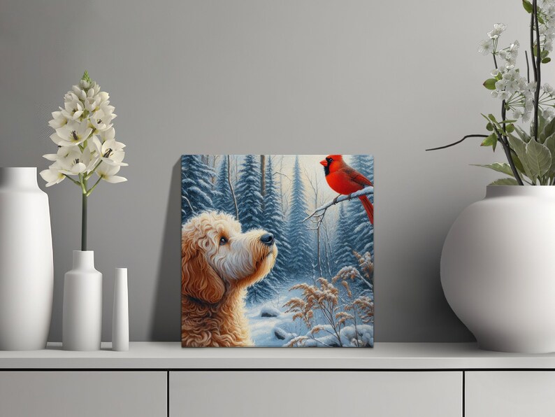 Cuadro decorativo sobre lienzo con escena invernal del cardenal Bernedoodle imagen 3