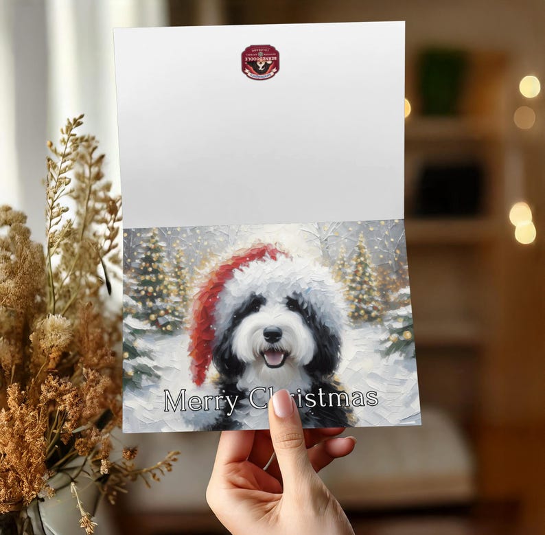 Merry Christmas card with cute dog, festive holiday greeting card, Christmas dog card, winter holiday dog card, dog lover card