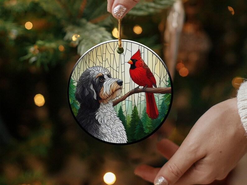 Cardinal and Bernedoodle Dog Ceramic Ornament, Oil Paint Style Design, Cardinal Lovers Gift, Mothers Day Gifts Bird Lovers Dog Mom Ornament