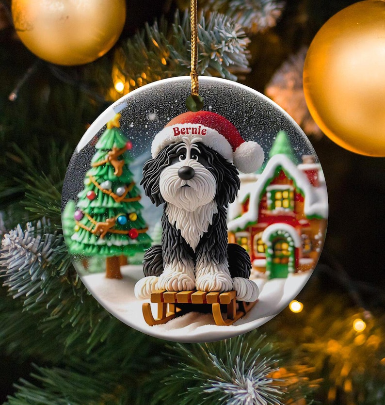 Bernedoodle Ornament, Sledding Ceramic | Claymation Style Artwork | 3 Inch Sublimation Gift image 1