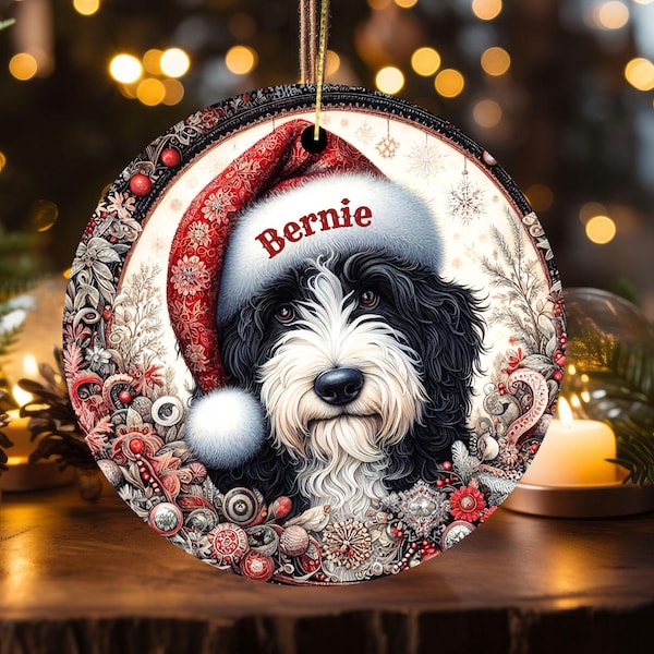 Custom Dog Ornament, Personalized Bernedoodle Keepsake | Sublimation Ceramic | 2.76 Inch Round Holiday Decor Gift