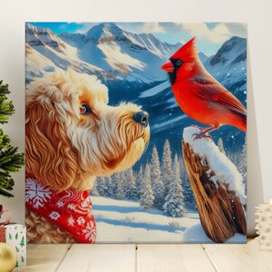 Doodle Dog and Cardinal Art Canvas, Pet Lover Gift image 5