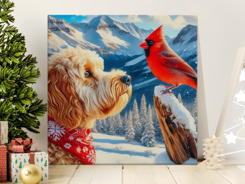 Doodle Dog and Cardinal Art Canvas, Pet Lover Gift image 5