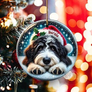 May include: A round Christmas ornament featuring a Bernedoodle dog wearing a Santa hat with the name "Bernie". The ornament has a snowy background with holly and star accents. The dog has black, white, and brown fur.