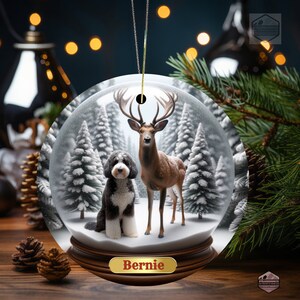Ceramic Ornament - Customizable with Dog name- Not a snow globe - Bernedoodle Ornament