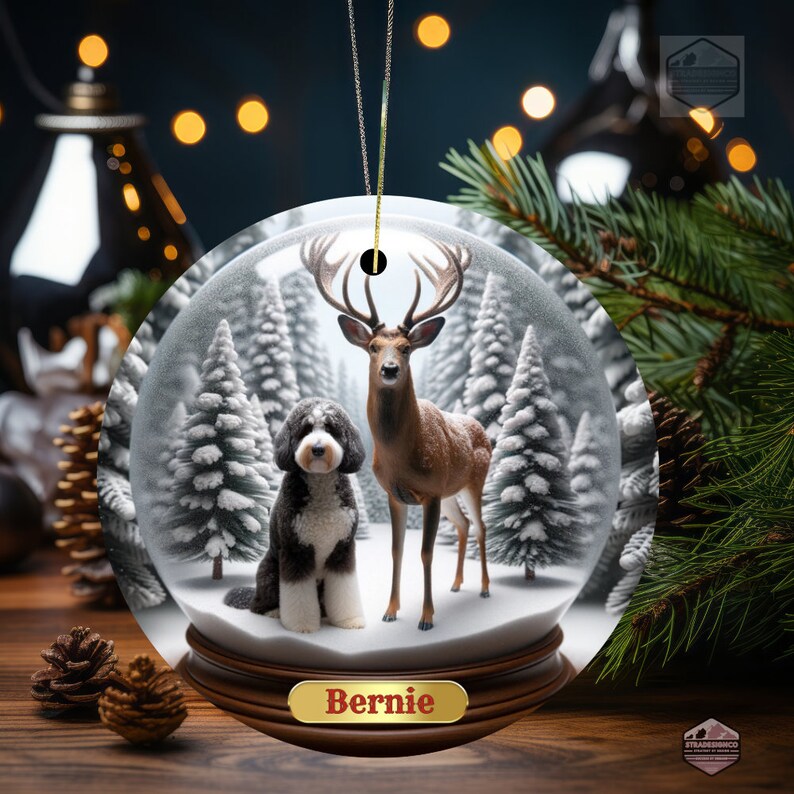 Ceramic Ornament - Customizable with Dog name- Not a snow globe - Bernedoodle Ornament