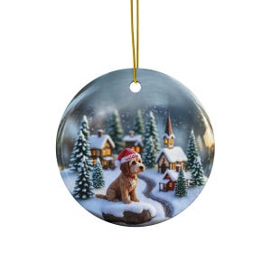 Christmas Dog Ornament, Holiday Decor, Cute Puppy with Santa Hat, Winter Village Scene, Festive Tree Decoration, Christmas Gift Idea