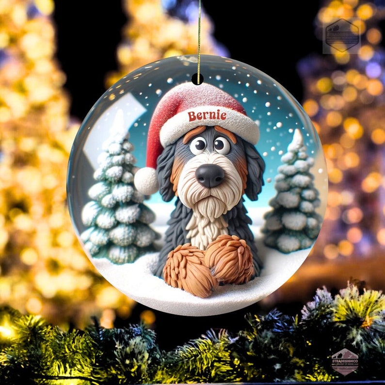 Cute clay style bernedoodle looking worried that Santa isn't coming.  Personalized bernedoodle ornament.