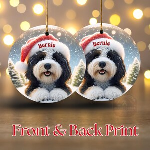 Personalized Bernedoodle Dog Wearing a Santa Hat Ceramic Ornament - Design is Placed on Both Sides