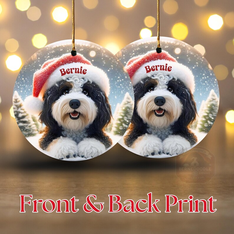 Personalized Bernedoodle Dog Wearing a Santa Hat Ceramic Ornament - Design is Placed on Both Sides