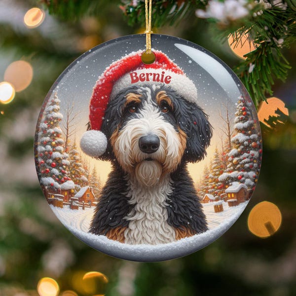 Santa Hat Ceramic, Custom Bernedoodle Ornament | Two-Sided Sublimation | 3-Inch Personalized Keepsake