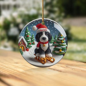 Bernedoodle Ornament, Festive Dog Sled - Snow Globe Style (3 Inch Ceramic, Sublimation) immagine 6