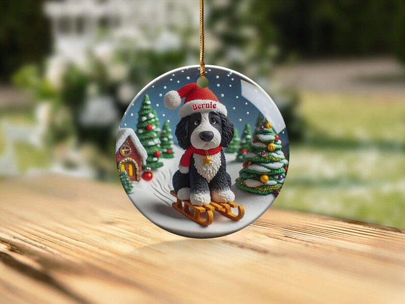 Bernedoodle Ornament, Festive Dog Sled - Snow Globe Style (3 Inch Ceramic, Sublimation) immagine 6