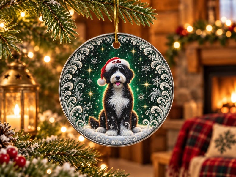 May include: A round ceramic Christmas ornament featuring a black and white dog wearing a red Santa hat with the name Stella printed on the brim. The dog sits in snow against a dark green background with white snowflakes and silver filigree.