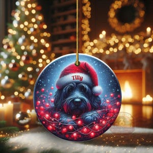Personalized Black Doodle Ornament, Santa Hat Keepsake - Sublimation Ceramic Dog Gift | Two Sided Decoration | 3 Inch Christmas Keepsake image 2