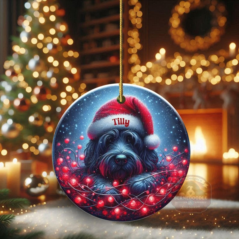Personalized Black Doodle Ornament, Santa Hat Keepsake - Sublimation Ceramic Dog Gift | Two Sided Decoration | 3 Inch Christmas Keepsake image 2