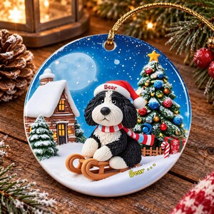 A ceramic ornament featuring a black and white dog wearing a Santa hat and scarf, sitting on a sled and riding down a snowy hill with a Christmas tree in the background.