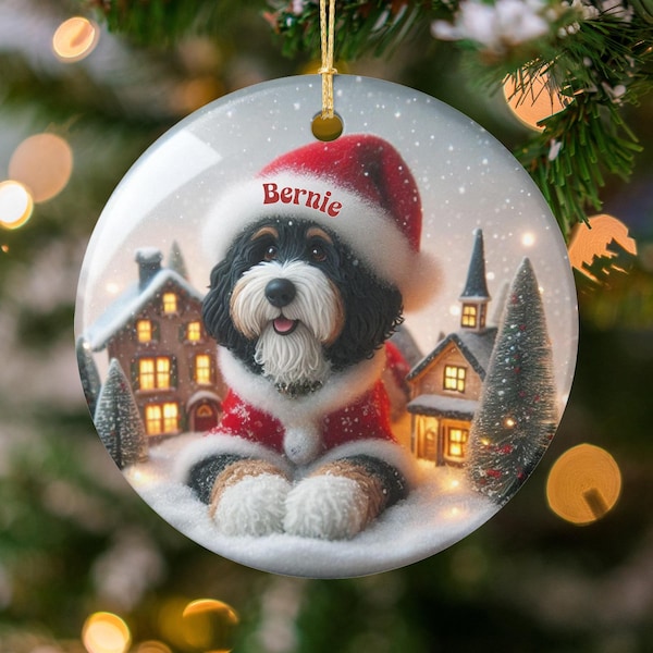 Bernedoodle Ornament, Personalized Dog Name | Sublimation Ceramic | 3 Inch Holiday Keepsake - Double Sided Custom Gift