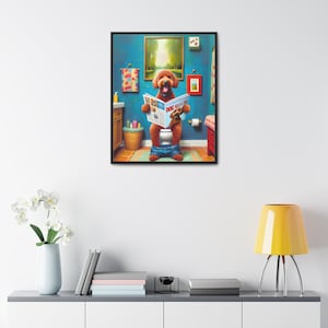 Red Goldendoodle Toilet Portrait Framed Canvas, Doodle On Toilet, Golden Toilet, Wall Art, Goldendoodle Bathroom Wall Art, Dog Persons Gifts image 1