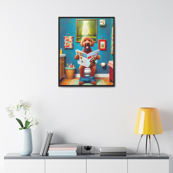 Red Goldendoodle Toilet Portrait Framed Canvas, Doodle On Toilet, Golden Toilet, Wall Art, Goldendoodle Bathroom Wall Art, Dog Persons Gifts
