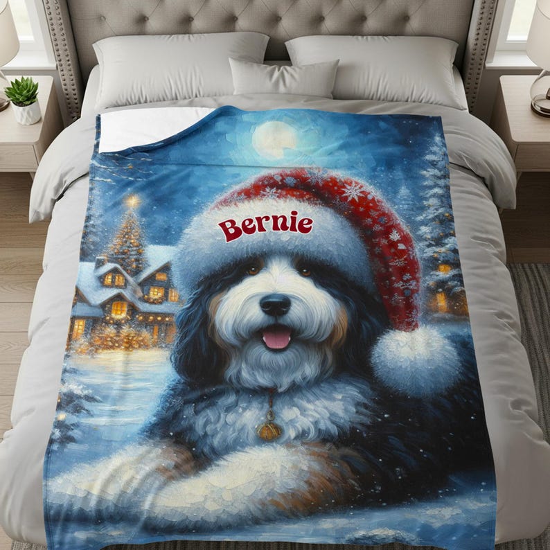 Dog Christmas Blanket with Santa Hat, Personalized Pet Gift, Custom Name Holiday Decor Blanket, Cozy Winter Throw, Pet Lover Gift