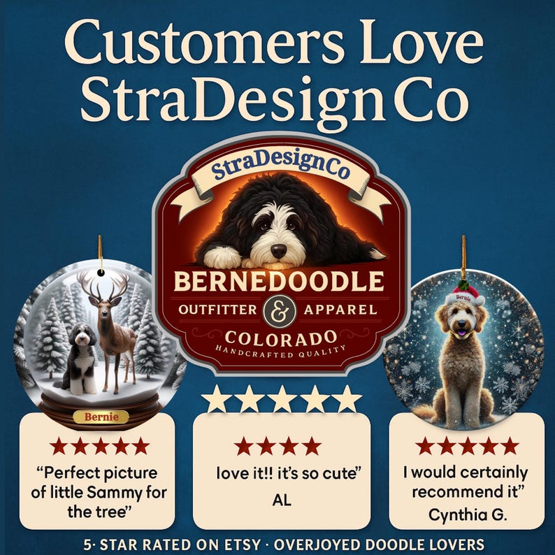 May include: A promotional image for StraDesign Co, featuring a logo with a Bernedoodle illustration. The image includes customer reviews and decorative ornaments with dog illustrations, showcasing handcrafted quality and apparel.