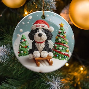 Christmas Ornament, Festive Dog On Sled - Claymation Style Artwork | Sublimation Ceramic | 3-Inch Double-Sided Holiday Decor image 1