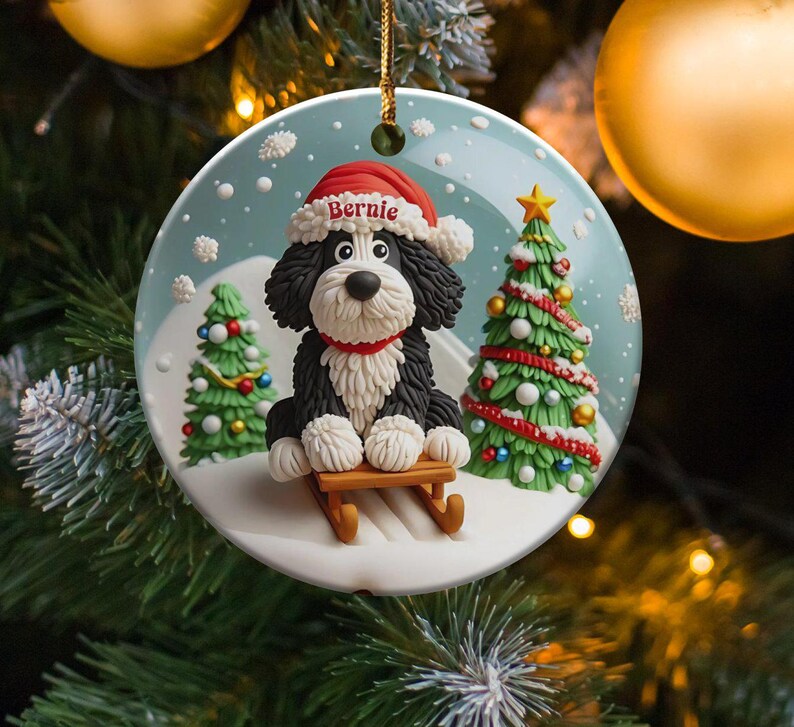 Christmas Ornament, Festive Dog On Sled - Claymation Style Artwork | Sublimation Ceramic | 3-Inch Double-Sided Holiday Decor image 1
