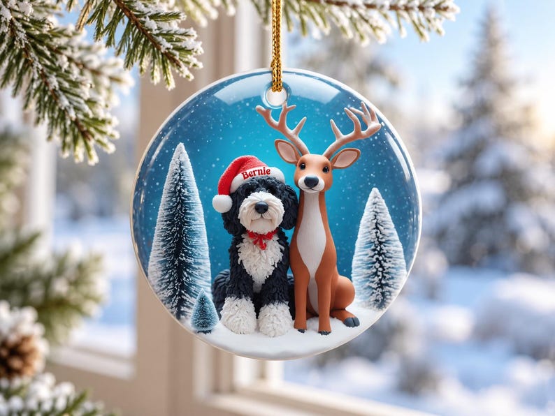 May include: A round ceramic Christmas ornament featuring a black and white dog wearing a red Santa hat with the name Bernie printed on it, sitting next to a brown deer in a snowy forest setting with pine trees and a blue background.