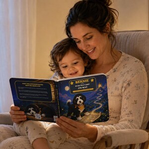 Pu&ograve; includere: Un libro per bambini intitolato Bernie and the Star That Lost Its Way, con un'illustrazione di un cucciolo bianco e nero sulla copertina, su uno sfondo di cielo notturno blu scuro, stelle gialle e un sentiero luminoso verso un castello.
