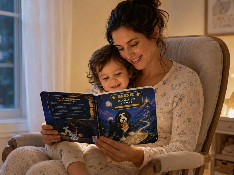 Pu&ograve; includere: Un libro per bambini intitolato Bernie and the Star That Lost Its Way, con un'illustrazione di un cucciolo bianco e nero sulla copertina, su uno sfondo di cielo notturno blu scuro, stelle gialle e un sentiero luminoso verso un castello.