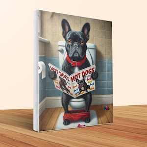 French Bulldog on Toilet Canvas, Funny Bathroom Pet Art, 20x24 image 1