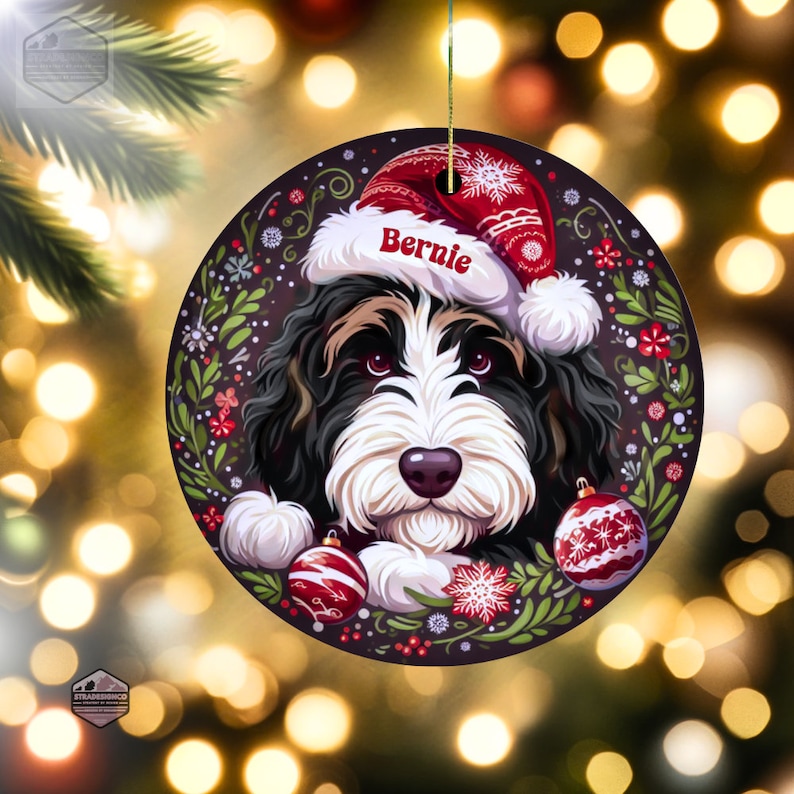 Bernedoodle ornament featuring brown eyebrows and brown highlights