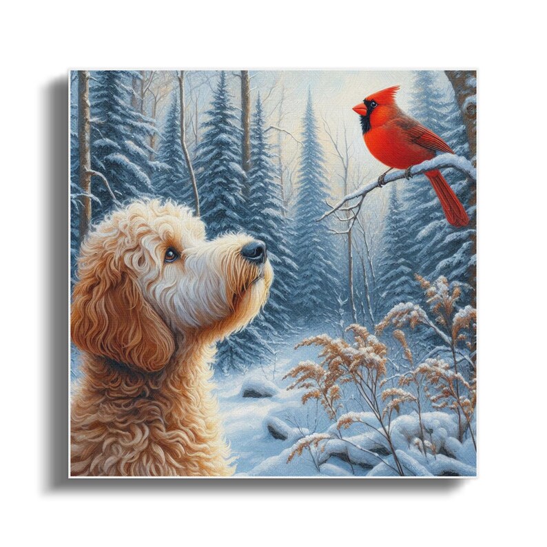 Cuadro decorativo sobre lienzo con escena invernal del cardenal Bernedoodle imagen 2