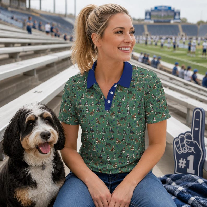 Green and Blue Football Themed Bernedoodle Polo - Dog Lover Polo Shirt image 14