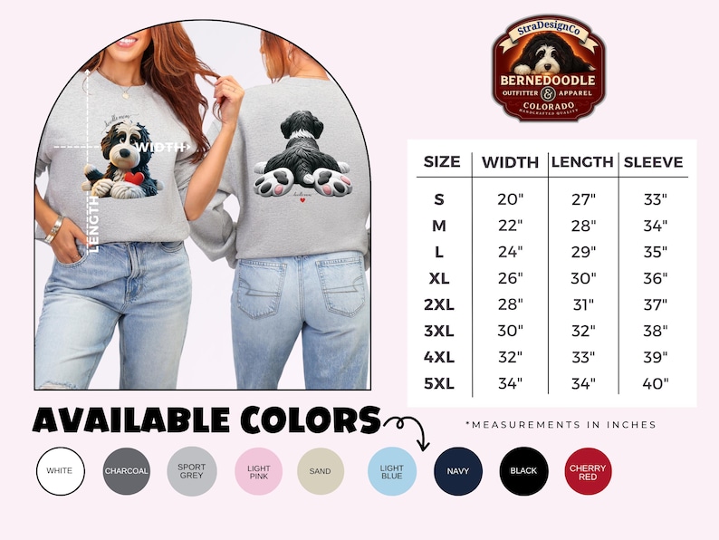 Unisex crewneck sweatshirt featuring an adorable claymation-style Bernedoodle dog illustration on the front, holding a red heart tag that can be personalized with a pet’s name. The back of the sweatshirt shows a cute rear-view Bernedoodle lying flat with detailed fluffy fur and oversized pink-paw pads, creating a playful “doodle mom” design. Ideal for Bernedoodle lovers, dog moms. Great for holidays, Mother’s Day, personalized pet gifts, and everyday cozy wear.