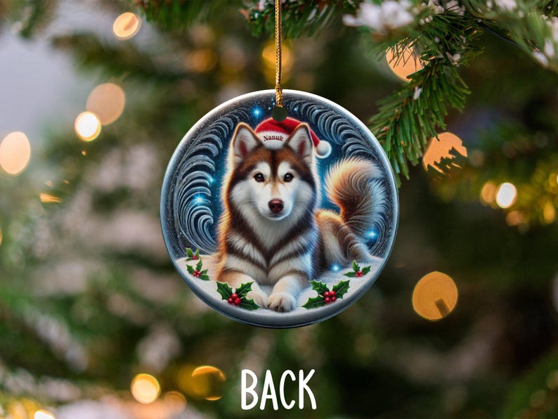 Personalized Husky Ornament, Ceramic Dog Keepsake | Two-Sided Sublimation | Brown White Pet Decor | Christmas Tree Gift image 4