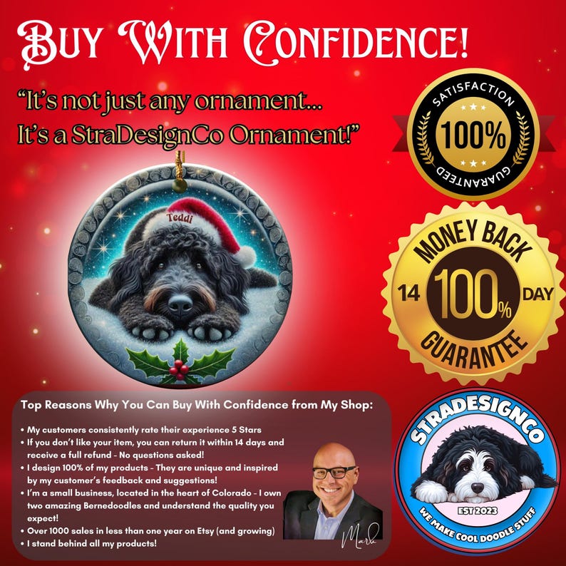 Black Golden Doodle, Santa Hat Ornament | Ceramic Sublimation | Two-Sided 3 Inch Holiday Keepsake image 3