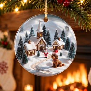 May include: A round ceramic Christmas ornament featuring a snowy village scene with a church, small houses, evergreen trees, a miniature Santa Claus figure, and a brown dog wearing a red Santa hat with the text Gobble printed on it.