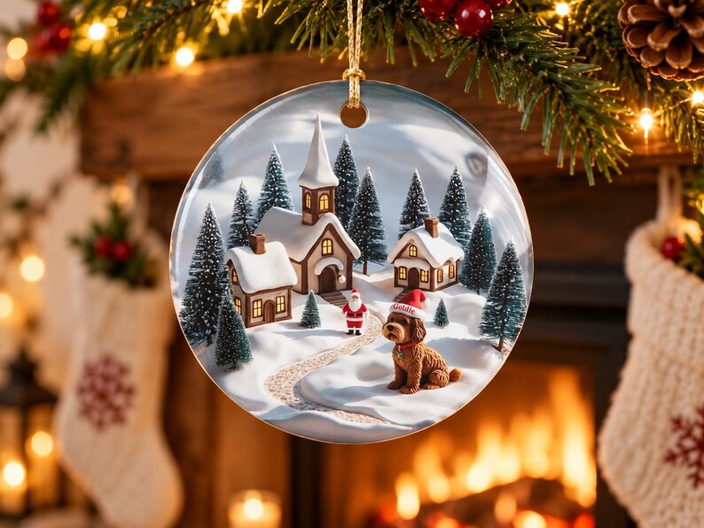 May include: A round ceramic Christmas ornament featuring a snowy village scene with a church, small houses, evergreen trees, a miniature Santa Claus figure, and a brown dog wearing a red Santa hat with the text Gobble printed on it.